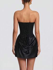 Elegant Fashion Strapless Sexy Backless Satin Dress Draped Lace Up Mini Bodycon Dress Summer Black Evening Night Out Party Dress For Women Clothes - Black - View 11