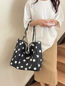 Women's Polka Dot Canvas Tote Bag, Large Capacity Shoulder Bag With Front Pocket, Casual Handbag For Daily Use - Black - View 3