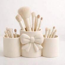1pc Girl Style Bowknot 3-Compartment Makeup Brush Storage Box, Cream Color Desktop Cosmetic Organizer, Pen Holder, Portable Design, High Aesthetic, Unique Birthday Gift Idea For Girlfriend - Multicolor - View 2