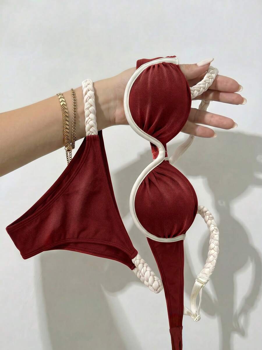 Bikinx 女款時尚編織肩帶比基尼套裝，鋼圈式一件式支撐拼接色後綁帶泳衣，度假海灘夏季款
