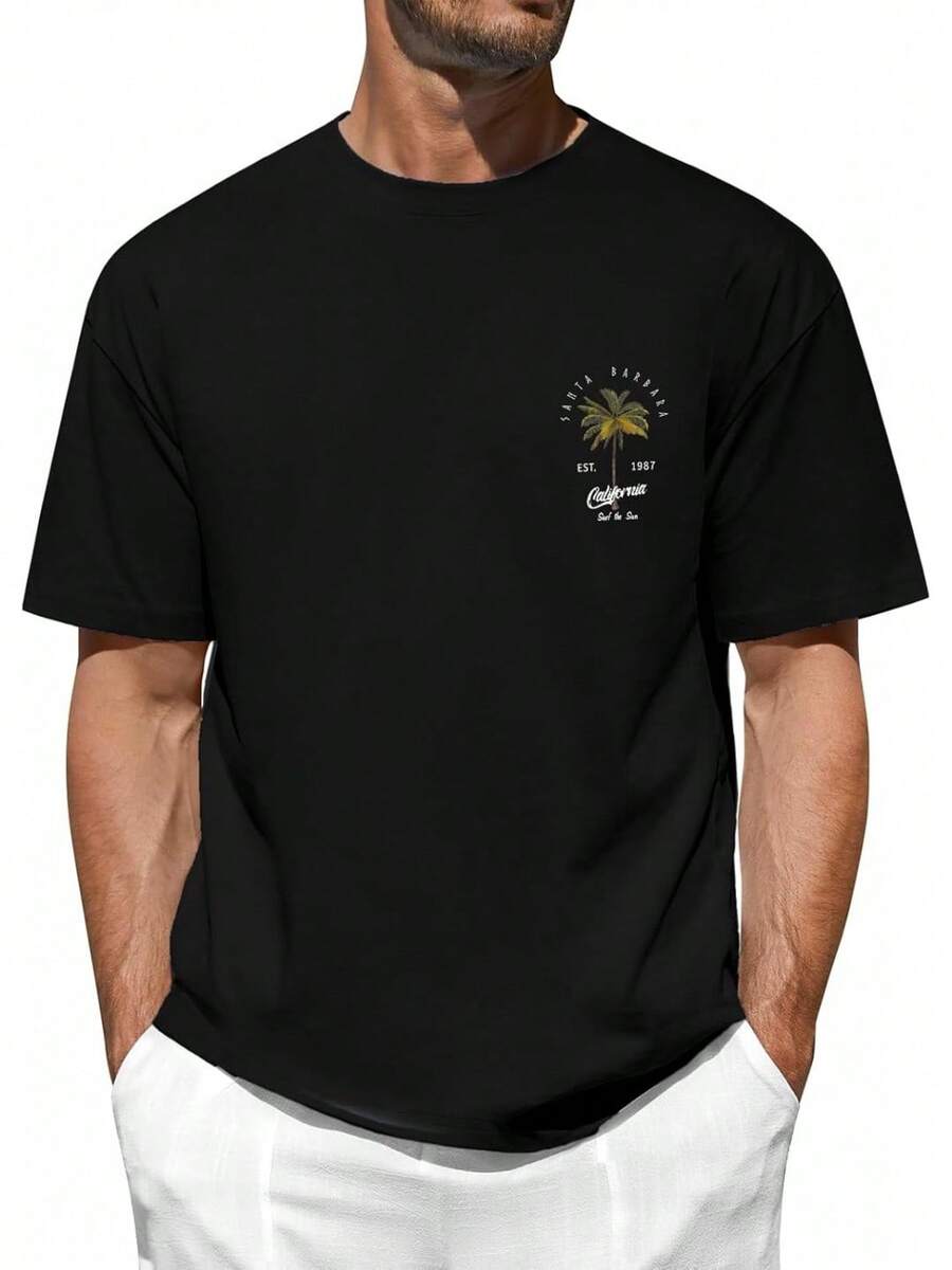 Lokale lager,marque,Lokale lager,marque,Lonya Camisetas de algodón casuales de verano para hombre, de talla grande, manga corta, cuello redondo, corte holgado, con estampado de palmeras, cam - Negro - Ver 1