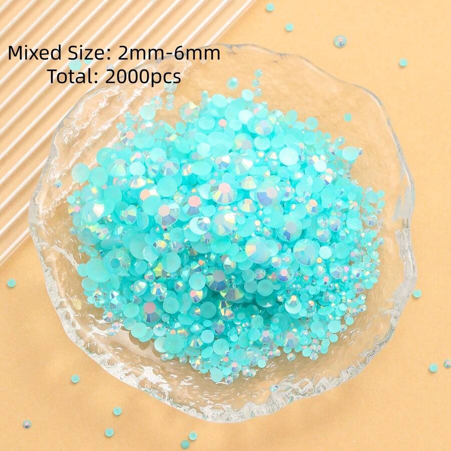 2MM-6MM 混合尺寸 2000顆/包 圓形平底樹脂水鑽果凍糖 AB色亮面亮片 DIY 寶石貼片,適用於衣物、包包、鞋子、馬克杯、瓶子、保溫杯、手機、DIY配件 - 湖藍66 - 查看 1