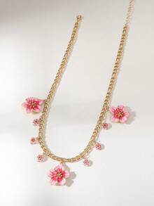 1pc Handmade Drip Oil Gradient Tie Dye Pink Five-Petal Plumeria Flower Pendant Necklace For Women, Summer Beach Bohemian Style Jewelry, Beaded Necklace With Enamel Glazed Floral Flower, Gold Tone Jewelry, Beach Accessory (Round Pendant Size, Shape And Color May Vary Randomly, Floral Color May Vary Due To Handmade Enamel Glaze, May Occur Color Bleeding, Staining, Color Shift, Chain Length Is Based On Actual Length, Not On Chain Clasp) - Pink - View 6
