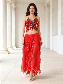 Professional Belly Dance Sequin Coin Fringe Halter Crop Top, Elastic Waist Side Slit Layered Chiffon Skirt For Dance Training, Stage Shows And Competitions - Multicolor - View 12