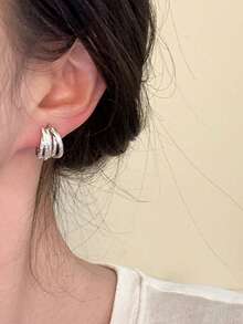1 đôi khuyên tai kẹp vành tai hình học nhiều lớp đính đá Cubic Zirconia sang trọng, phù hợp cho nữ đeo hàng ngày và dự tiệc - Bạc - Xem 2