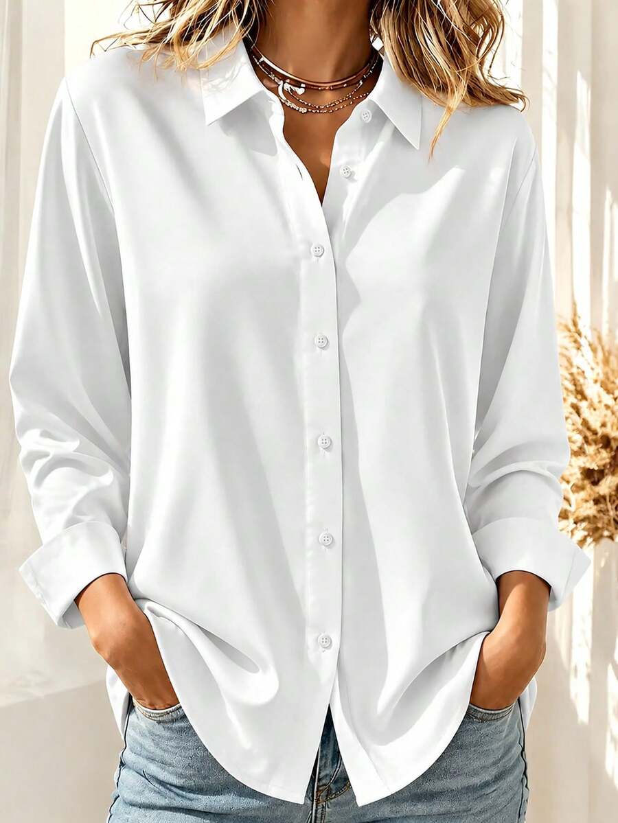 Casual Fashion Women's Long Sleeve Button-Down Shirt - White - View 1