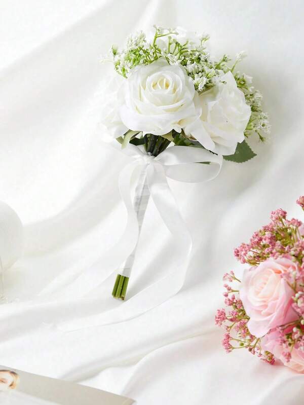 1pc Wedding Bouquet, Bridal & Bridesmaid Hand Bouquet, Ivory White Artificial Rose & Lavender Flowers, Suitable For Wedding Party, Baby Shower Centerpiece Decoration, Gift
