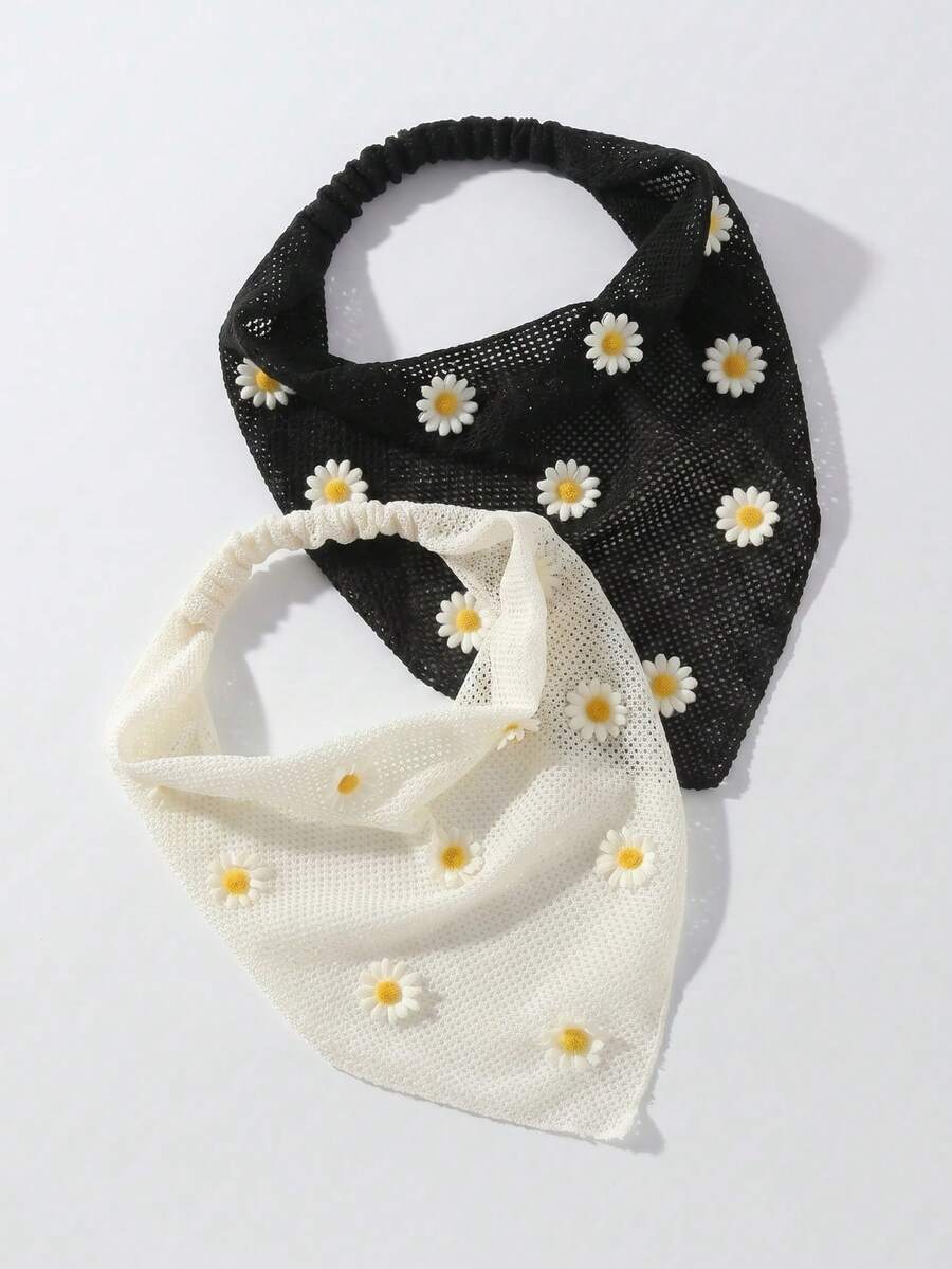 2件/1套 女款時尚原創花卉刺繡捲邊雛菊裝飾髮帶髮箍，適合日常與度假使用 - 白色+黑色 - 查看 1