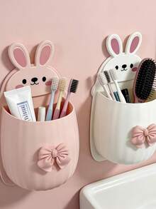 1pc Cute Rabbit Storage Rack + Bowknot Decoration, Space-Saving Wall-Mounted Toothbrush & Toothpaste Holder, Bathroom Decor Accessory - Multicolor - View 4