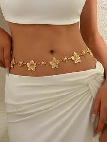 1 pieza Cadena de cintura de metal 3D con flores dobles vintage y personalizada, cinturón de cintura bohemio elegante y versátil adecuado para cualquier ocasión para mujeres - Dorado 3 - Ver 18
