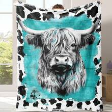 1pc Cow & Bull Pattern Soft Comfortable Flannel Blanket, Warm Cozy Nap Blanket For School Dorm Office, Bedding For All Seasons, Sofa Bed, Outdoor Camping, Gift - Mint Blue - View 1