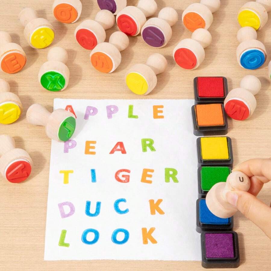 1 Set Wooden Letter Stamps Full Set 26 English Letters Hand Stamping 6-Color Ink Pad English Enlightenment Spelling Toy Children Early Education Painting Doodle Educational Set - 彩色 - 查看 1