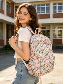 3 PiecesCasual College Style Floral Pattern Backpack Set, Includes Backpack, Lunch Bag And Pencil Case, With Laptop Compartment, Adjustable Shoulder Straps, Multi-Pocket Large Capacity, Multi-Function School Bag Set, Suitable For Girls/Teens/College Students/Graduates Daily Use/Vacation/Travel/Back To School. - 2347 - View 5
