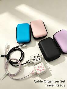 6pcs Charging Cable Storage Box Protective Case Charger Data Cable Organizer Box Portable Anti-Tangle Heart Pattern Protective Shell Travel Desktop Storage - Multicolor - View 4