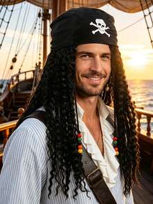 Multi Style Pirate Wig Set Black Brown Long Curly Braided Hair With Color Beads For Caribbean Captain Halloween Men Cosplay Costume Hairpiece - Multicolor - View 3