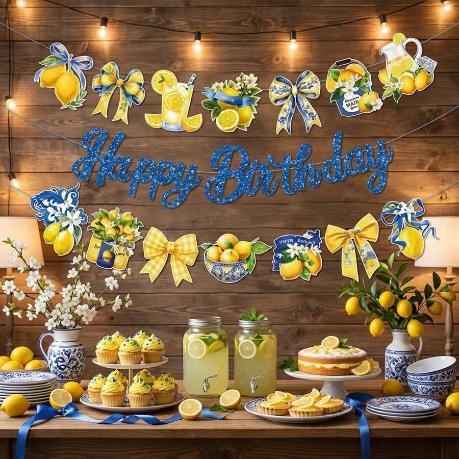 Exquisite Artistic Watercolor Natural Plant Plaid Bow Lemon Drink Hollow Floral Wreath Banner Wall Decor Party Supplies Room Decoration Outdoor Decoration Summer Yellow Lemon Theme Indoor Lawn Birthday Party Decoration - A - View 1