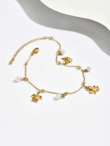 1pc Beach Vacation Style Gold Anklet, Versatile Delicate Chain With Small Pearl And Octopus Pendant, Cute And Playful Design, Fits Ankle Comfortably - Anklet - View 3