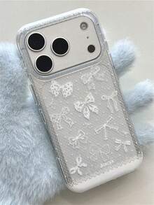 Fashionable Minimalist Cute Lace Bow Pattern Phone Case, Compatible With IPhone 17 Pro Max 17 Pro 17 16 Pro Max 15 14 13 12 Pro Max, Lens Protection Back Cover - White - View 11