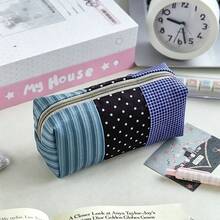 1pc Pudding Three-Color Large Capacity Pencil Case, Ins Style Patchwork Polka Dot Korean Student Canvas Storage Bag, Portable Polka Dot Plaid Organizer - Color Matching - View 3
