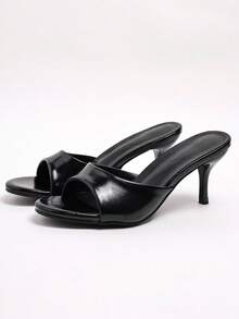 2026 Black Glossy Square Toe Open Toe Narrow Strap Thin Kitten Heel High Heel Slides For Women, Minimalist Outdoor Wear, Spring Summer Export Shoes - Black - View 1