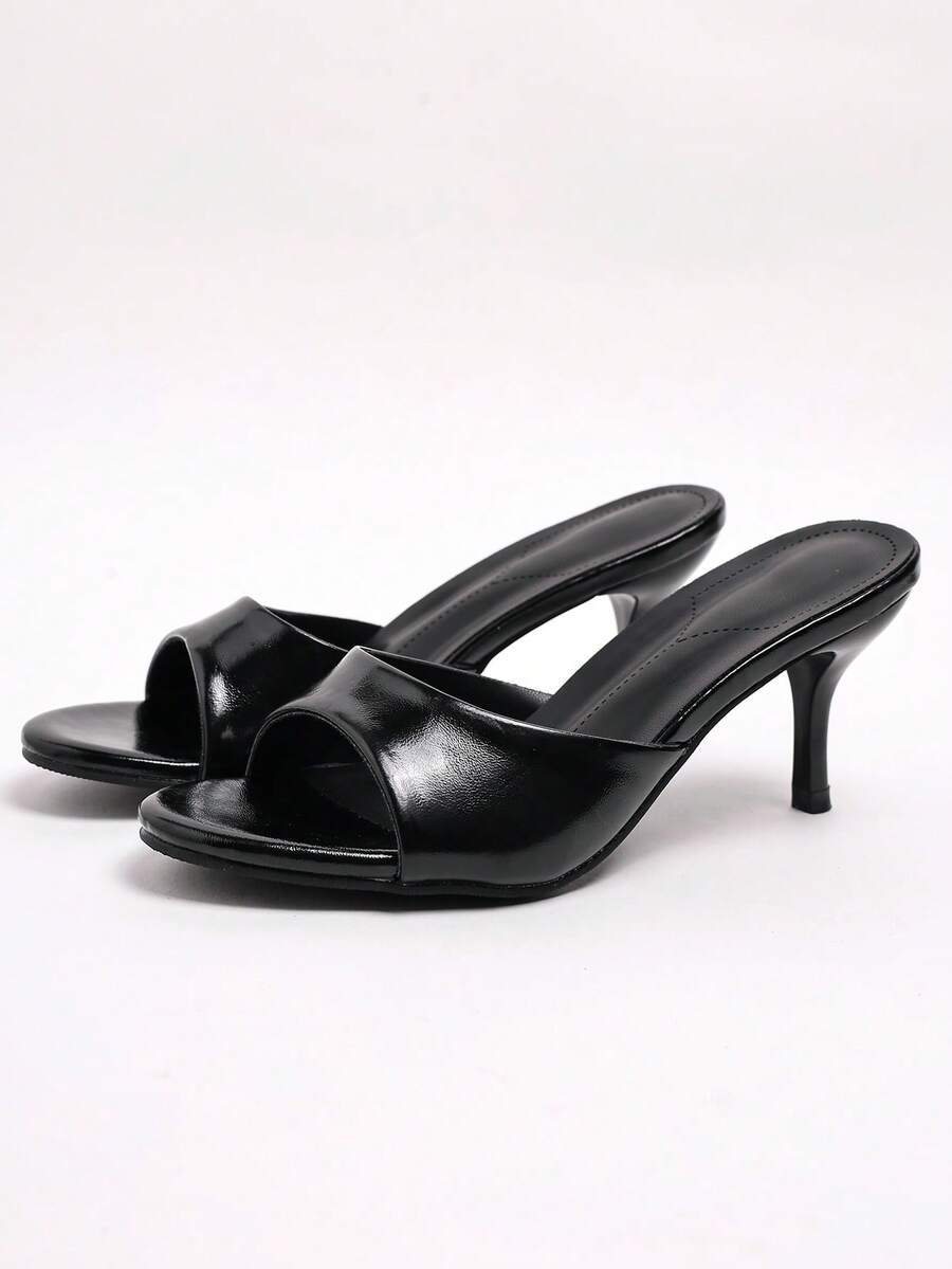 2026 Black Glossy Square Toe Open Toe Narrow Strap Thin Kitten Heel High Heel Slides For Women, Minimalist Outdoor Wear, Spring Summer Export Shoes - Black - View 1