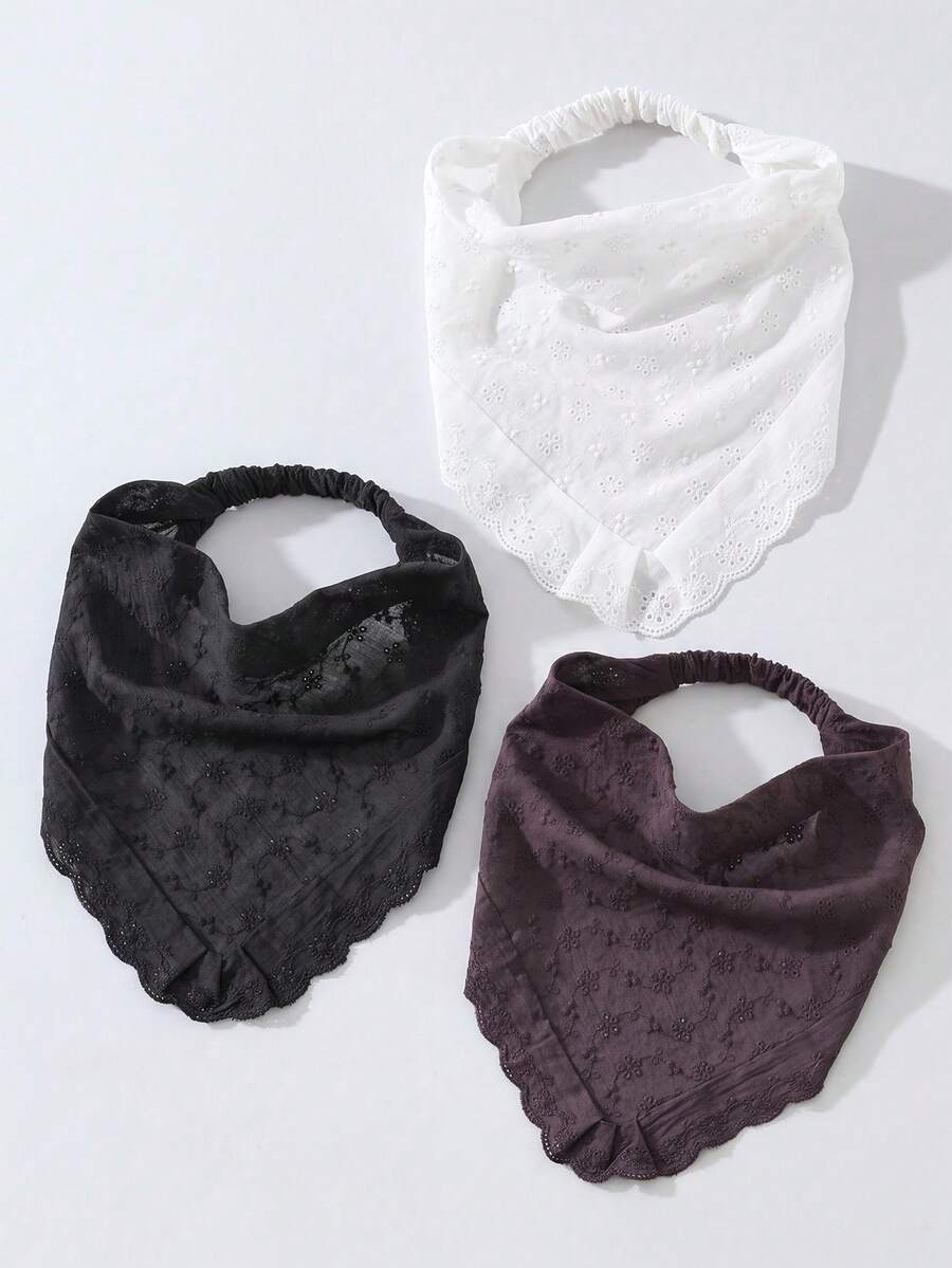 3件組原創花卉刺繡捲邊女用髮帶,適合日常與度假使用 - 黑+白+紫薯色 - 查看 1