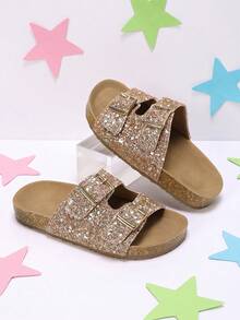 1雙兒童粉色漸層亮片玫瑰金雙帶平底拖鞋，適合走路、度假與玩耍 - 玫瑰金 - 查看 5