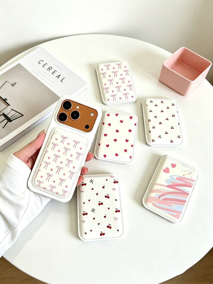 Minimalist Fresh Bow Cherry Heart Graffiti Multiple Gentle Print Magnetic Phone Card Holder, Leather Thin Back Card Sleeve, Compatible With All Phone Models, Can Store ID Card And Bank Card, Secure And Not Falling Off Or Pushing Up Screen Protector, Portable For Commuting And School, Niche Versatile Digital Accessory, Super Practical For Daily Travel And Document Storage - Multicolor - View 1