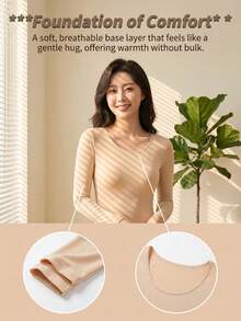 Lilivine 3pcs Women's Solid Beige Round Neck Long Sleeve Soft Thermal Base Layer Tops, Winter Daily Wear - Apricot - View 5