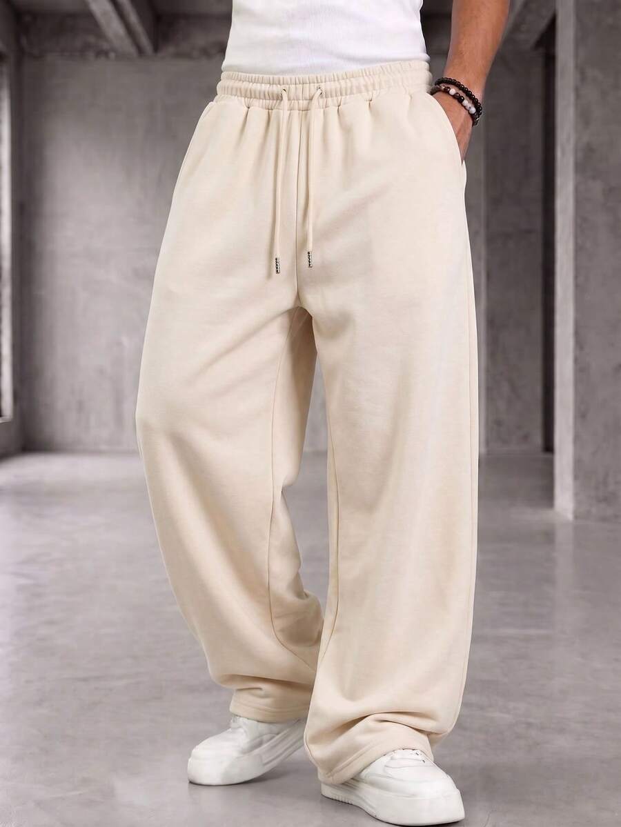 GRDR Men's Elastic Waist Drawstring Casual Pants, Summer Loose Drape Lazy Wide Leg Long Pants - Apricot - View 1