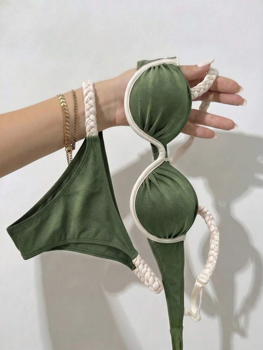 Bikinx 女款時尚編織肩帶比基尼套裝，鋼圈式一件式上衣，對比色後背綁帶泳衣，度假海灘夏季款