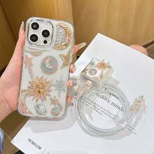 6件組金屬相框透明太陽系行星手機殼圖案 + 充電頭保護套 + 數據線保護套 + 收納繩 + 數據線保護繩 TPU 防摔保護殼，適用於 iPhone 6 7 8 XXs XR XS Max 11 12 13 14 15 16 Pro Max，適合作為情侶、女性、女兒、男朋友、女朋友、青少年女孩的生日與聖誕禮物 - 彩色 - 查看 3