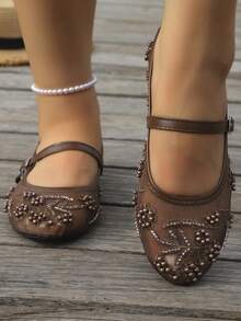 Bailarinas Mary Jane de malla color burdeos vintage, zapatos de ballet bordados con cuentas y hebilla ajustable, elegantes y transpirables para mujer, zapatos de vestir y casuales - Marrón - Ver 5