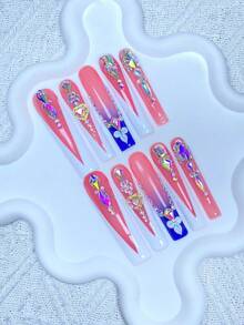 10 Peças Unhas Postiças Y2K Extra Longas Francesas 100% Feitas à Mão, Decoração com Strass 3D Brilhante e Pedras Preciosas, Perfeitas para Casamentos, Festas, Dia dos Namorados, Aniversários, Presentes de Natal. 1 Peça Gel de Gelatina/1 Peça Mini Tiras de Lixa, Unhas Postiças Feitas à Mão na Moda - Multicolorido - Visão 12