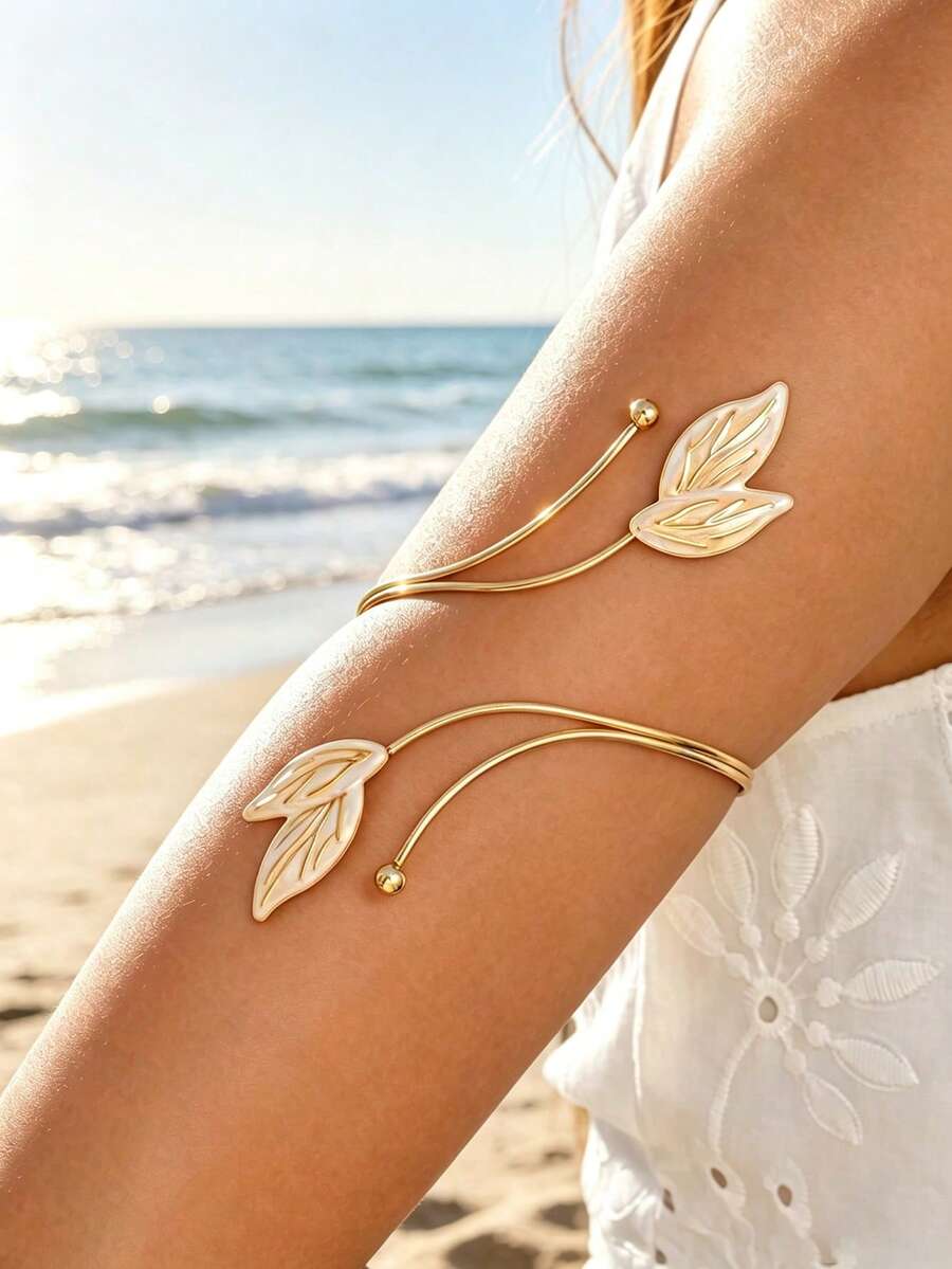 1pc Casual Minimalist Gold Leaf Oil-Drip Metal Arm Cuff, Niche Design Adjustable Open Cuff Bracelet Body Chain For Women, Party, Prom, Holiday, Gift For Best Friend - Meat Powder - View 1