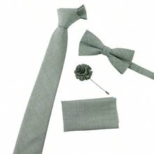 ZONFAZ 4件組男士時尚百搭純色十字紋理領帶、領結、口袋巾與花朵胸針組合套裝，適用於工作、日常穿著、婚禮、慶典、表演、派對 - 薄荷綠 - 查看 3