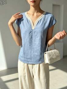 Blusa de mujer de color liso con cuello en V y diseño de volantes, versátil, elegante y casual para vacaciones de verano - Azul - Ver 2
