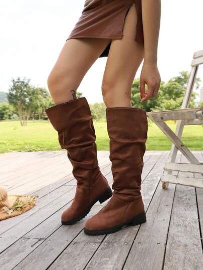 Women's Autumn/Winter Knee-High Boots, Ruched Tall Boots, Round Toe Slip-On Fashion Boots, Western Style Casual Boots