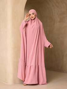 1pc Minimalist Fashion Versatile Solid Color Ice Silk Crinkled Oversized Hooded Loose Long Robe Women's Elegant Soft Abaya Sun Protection Muslim Clothing Shawl - Pink - View 2