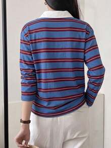 Teen Girls Striped Polo Shirt, Blue & Red Contrast White Collar, Loose Fit, Casual College Style, Long Sleeve Pullover Top, Spring/Autumn - Blue - View 3