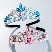 1pc Disney Frozen Elsa Crown Hairband, Blue Rhinestone & Pearl Headband, Spring/Summer Performance Costume Photography Prop - Multiple Styles - View 2