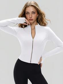 NcmRyu Women's 1pc Metal Zipper Small Stand Collar Thumb Hole Long Sleeve Slim Fit Sports Jacket - White - View 8