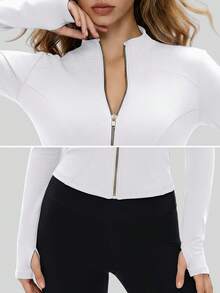 NcmRyu Women's 1pc Metal Zipper Small Stand Collar Thumb Hole Long Sleeve Slim Fit Sports Jacket - White - View 4