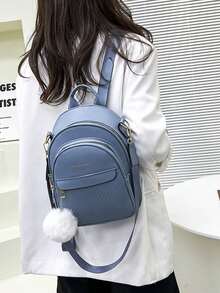 LECEY Women's Double Backpack With Pom Pom Charm - Blue - View 5