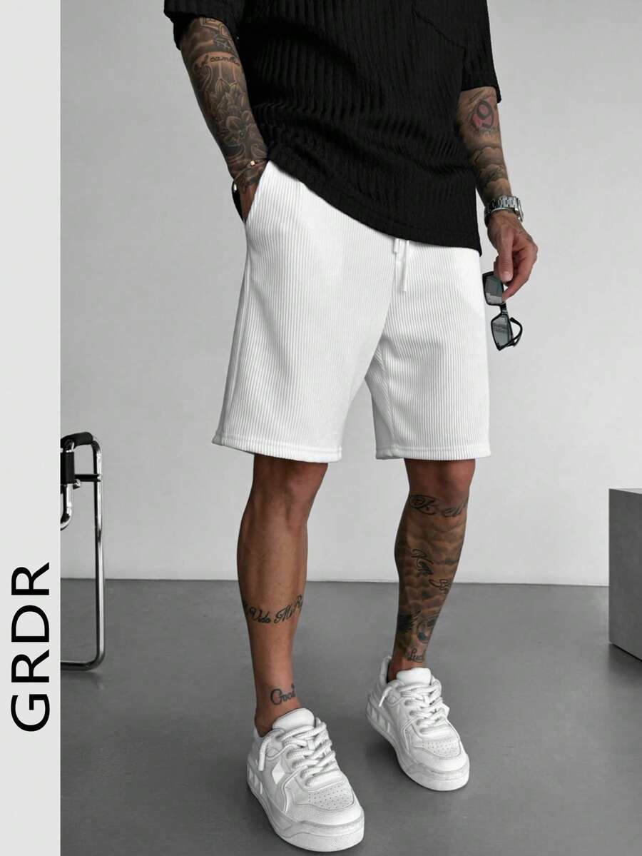 GRDR Minimalist Vertical Ribbed Knit Drawstring 5-Inch Shorts, Men's Clean Fit Loose Straight Leg Breathable Summer White Casual Mid-Length Pants