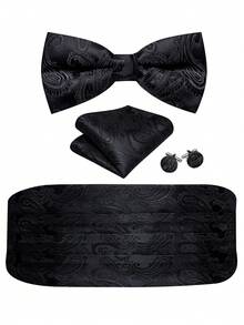 Men's Black Classic Paisley Jacquard Waist Sash, Bow Tie, Pocket Square, Cufflinks 4-Piece Set, Suitable For Wedding, Party, Banquet, Ball - Black - View 1
