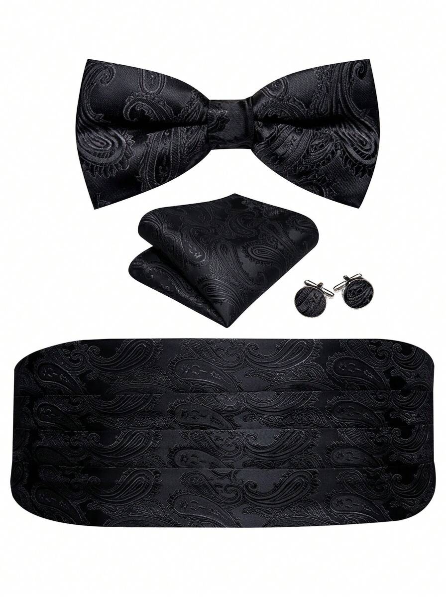 Men's Black Classic Paisley Jacquard Waist Sash, Bow Tie, Pocket Square, Cufflinks 4-Piece Set, Suitable For Wedding, Party, Banquet, Ball - Black - View 1