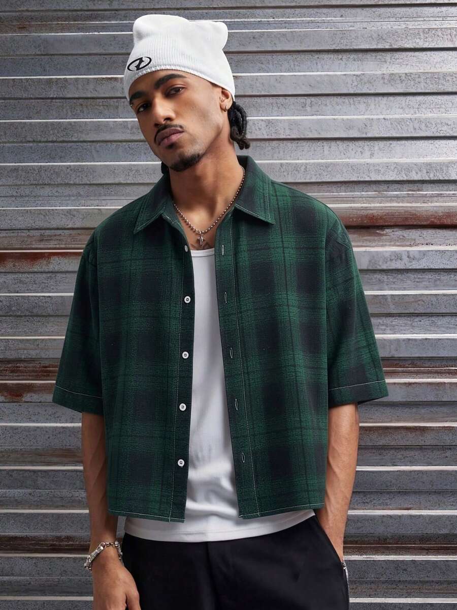 Men's Cropped Plaid Short Sleeve Shirt Vintage Streetwear Button Up Top - Dark Green - View 1