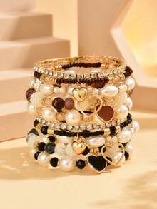 5pcs Elegant Vintage Fashion ABS Faux Pearl Oil Drop Heart Pendant Rhinestone Faux Crystal Beaded Bracelet Set For Women, Suitable For Daily Commute, Party, Beach Vacation Wear - Heart-shaped Pearl Bracelet Set - View 10