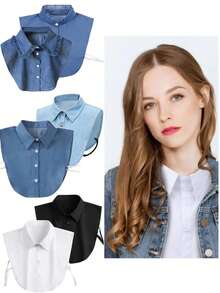 1 buah Kemeja Kasual Denim Wanita dengan Kerah yang Dapat Dilepas, Kerah Tegak, Kerah Berumbai, Aksesori Kemeja dengan Kerah yang Dapat Dilepas - Kerah palsu denim - View 3